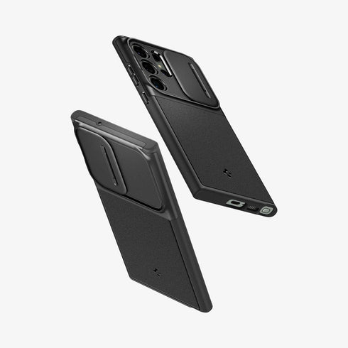 ACS05639 - Galaxy S23 Ultra Case Optik Armor in black showing the back with lens protector slot open